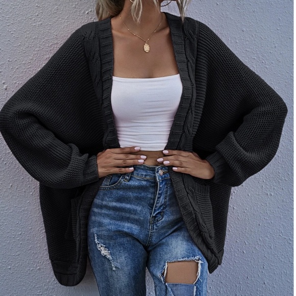 Cozy open front knit pocket batwing sleeve cardigan - Picture 5 of 6